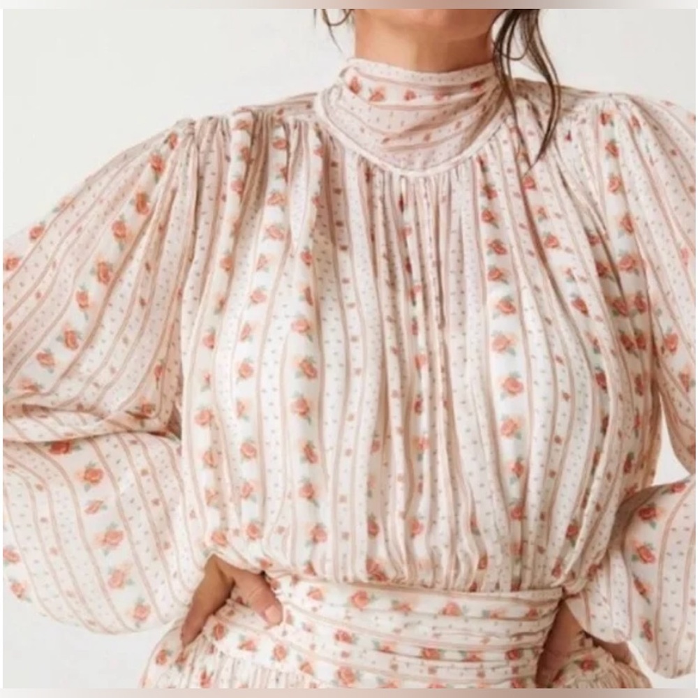 Anthropologie Let Me Be Pink Floral Combo Tie Mockneck Sheer Minidress  size XS - Picture 3 of 10